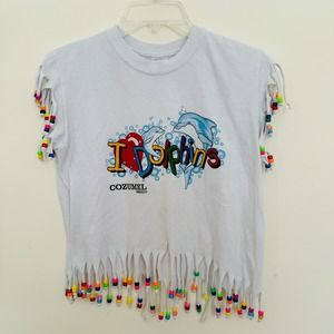 Cozumel Mexico I LOVE DOLPHINS Colorful Fringe Beads White Crop Beachwear Top